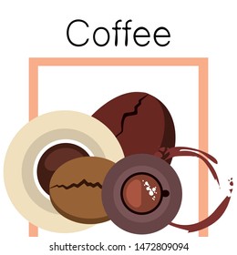 Coffee cup, coffee grains, breakfast concept. Drinks menu for restaurant, vector background.