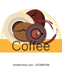 Coffee cup, coffee grains, breakfast concept. Drinks menu for restaurant, vector background.
