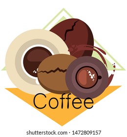 Coffee cup, coffee grains, breakfast concept. Drinks menu for restaurant, vector background.