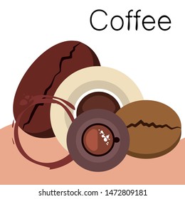 Coffee cup, coffee grains, breakfast concept. Drinks menu for restaurant, vector background.