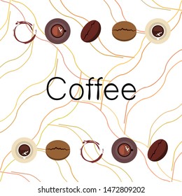 Coffee cup, coffee grains, breakfast concept. Drinks menu for restaurant, vector background.