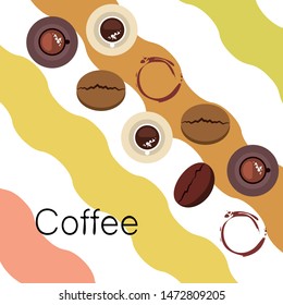 Coffee cup, coffee grains, breakfast concept. Drinks menu for restaurant, vector background.