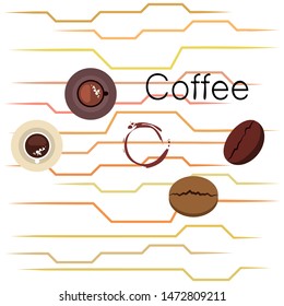 Coffee cup, coffee grains, breakfast concept. Drinks menu for restaurant, vector background.
