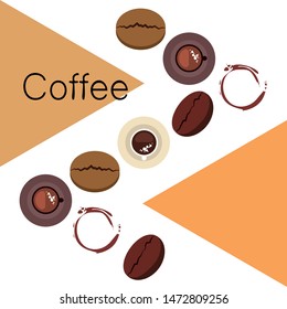 Coffee cup, coffee grains, breakfast concept. Drinks menu for restaurant, vector background.