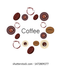 Coffee cup, coffee grains, breakfast concept. Drinks menu for restaurant, vector background.