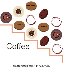 Coffee cup, coffee grains, breakfast concept. Drinks menu for restaurant, vector background.