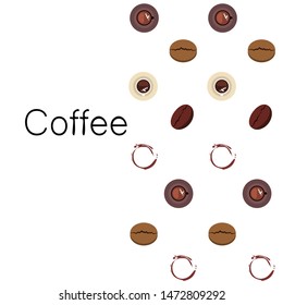 Coffee cup, coffee grains, breakfast concept. Drinks menu for restaurant, vector background.
