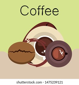 Coffee cup, coffee grains, breakfast concept. Drinks menu for restaurant, vector background.