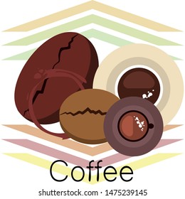 Coffee cup, coffee grains, breakfast concept. Drinks menu for restaurant, vector background.