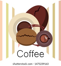 Coffee cup, coffee grains, breakfast concept. Drinks menu for restaurant, vector background.