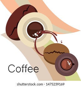 Coffee cup, coffee grains, breakfast concept. Drinks menu for restaurant, vector background.