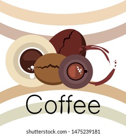 Coffee cup, coffee grains, breakfast concept. Drinks menu for restaurant, vector background.