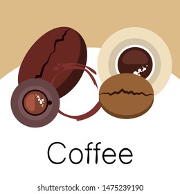 Coffee cup, coffee grains, breakfast concept. Drinks menu for restaurant, vector background.