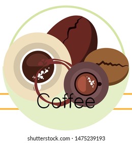 Coffee cup, coffee grains, breakfast concept. Drinks menu for restaurant, vector background.