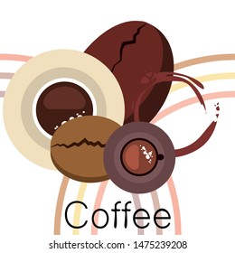 Coffee cup, coffee grains, breakfast concept. Drinks menu for restaurant, vector background.