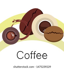 Coffee cup, coffee grains, breakfast concept. Drinks menu for restaurant, vector background.