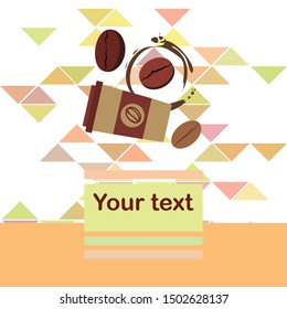 Coffee cup, coffee grains, breakfast concept. Drinks menu for restaurant, vector background.