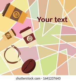Coffee cup, coffee grains, breakfast concept. Drinks menu for restaurant, vector background.