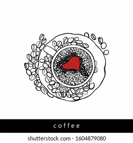 Coffee in a cup and coffee grains. Red heart. Vector illustration.
