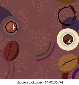 Coffee cup, coffee grains, spilled coffee. Breakfast concept. Drinks menu for restaurant, vector background.