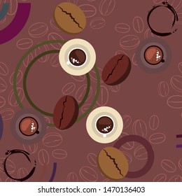 Coffee cup, coffee grains, spilled coffee. Breakfast concept. Drinks menu for restaurant, vector background.