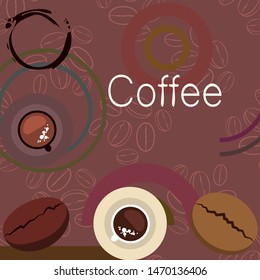 Coffee cup, coffee grains, spilled coffee. Breakfast concept. Drinks menu for restaurant, vector background.