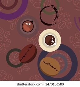 Coffee cup, coffee grains, spilled coffee. Breakfast concept. Drinks menu for restaurant, vector background.