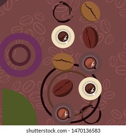 Coffee cup, coffee grains, spilled coffee. Breakfast concept. Drinks menu for restaurant, vector background.