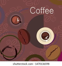 Coffee cup, coffee grains, spilled coffee. Breakfast concept. Drinks menu for restaurant, vector background.