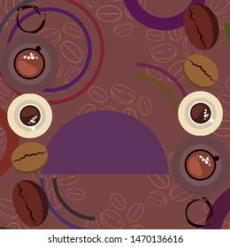 Coffee cup, coffee grains, spilled coffee. Breakfast concept. Drinks menu for restaurant, vector background.
