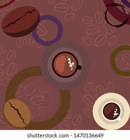 Coffee cup, coffee grains, spilled coffee. Breakfast concept. Drinks menu for restaurant, vector background.