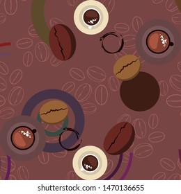 Coffee cup, coffee grains, spilled coffee. Breakfast concept. Drinks menu for restaurant, vector background.