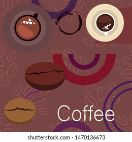 Coffee cup, coffee grains, spilled coffee. Breakfast concept. Drinks menu for restaurant, vector background.
