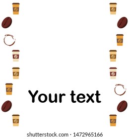Coffee cup, coffee grains, spilled coffee. Breakfast concept. Drinks menu for restaurant, vector background.