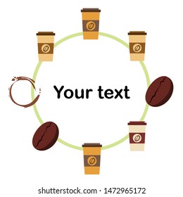 Coffee cup, coffee grains, spilled coffee. Breakfast concept. Drinks menu for restaurant, vector background.