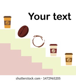 Coffee cup, coffee grains, spilled coffee. Breakfast concept. Drinks menu for restaurant, vector background.