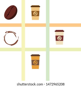 Coffee cup, coffee grains, spilled coffee. Breakfast concept. Drinks menu for restaurant, vector background.