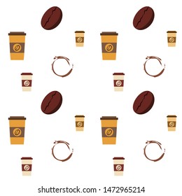 Coffee cup, coffee grains, spilled coffee. Breakfast concept. Drinks menu for restaurant, vector background.