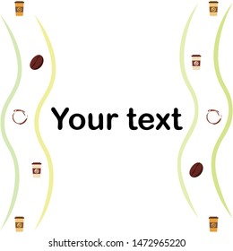 Coffee cup, coffee grains, spilled coffee. Breakfast concept. Drinks menu for restaurant, vector background.