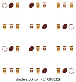 Coffee cup, coffee grains, spilled coffee. Breakfast concept. Drinks menu for restaurant, vector background.