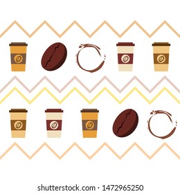 Coffee cup, coffee grains, spilled coffee. Breakfast concept. Drinks menu for restaurant, vector background.