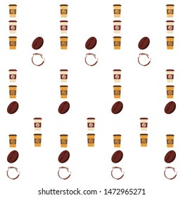 Coffee cup, coffee grains, spilled coffee. Breakfast concept. Drinks menu for restaurant, vector background.