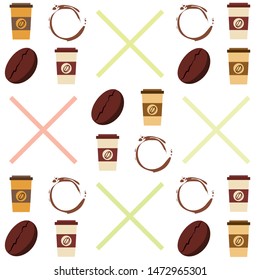 Coffee cup, coffee grains, spilled coffee. Breakfast concept. Drinks menu for restaurant, vector background.