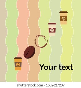 Coffee cup, coffee grains, spilled coffee. Breakfast concept. Drinks menu for restaurant, vector background.