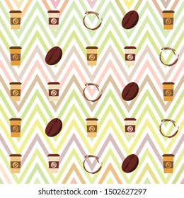Coffee cup, coffee grains, spilled coffee. Breakfast concept. Drinks menu for restaurant, vector background.