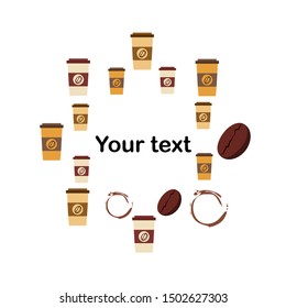 Coffee cup, coffee grains, spilled coffee. Breakfast concept. Drinks menu for restaurant, vector background.