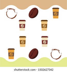 Coffee cup, coffee grains, spilled coffee. Breakfast concept. Drinks menu for restaurant, vector background.