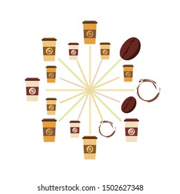 Coffee cup, coffee grains, spilled coffee. Breakfast concept. Drinks menu for restaurant, vector background.