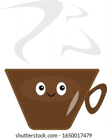 Coffee cup and gray steam cute cartoon character with dark shiny eyes object on white background hot drink concept