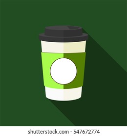 Coffee cup with Green cap and cup holder. Vector Illustration.